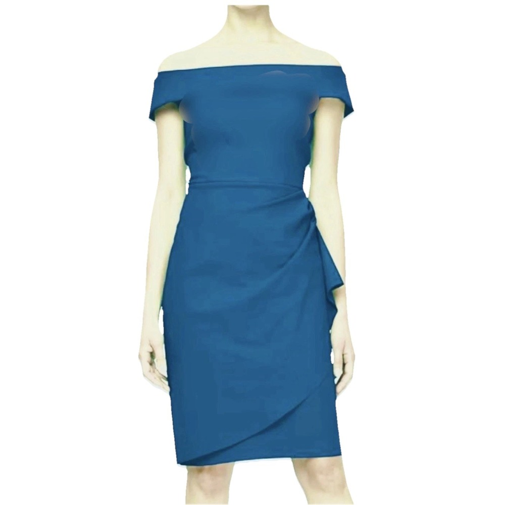 Alex Evenings Teal Scuba Off Shoulder Side Ruched Faux Wrap Sheath Dress Size 8